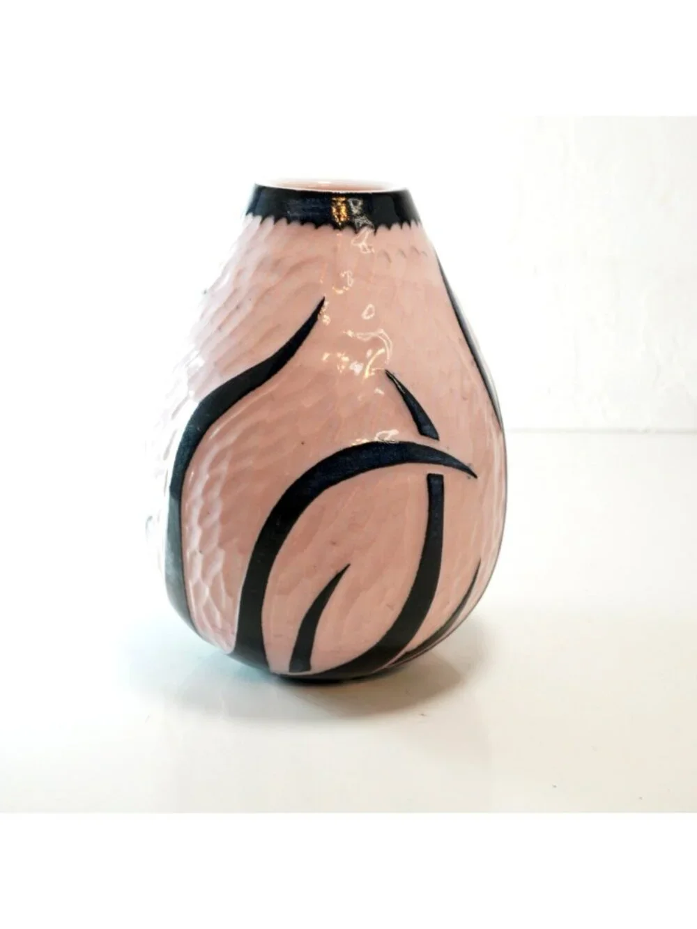 Signed Studio Art Pottery Vase Pink Blue Botanical Seaweed Motif Ceramic 5